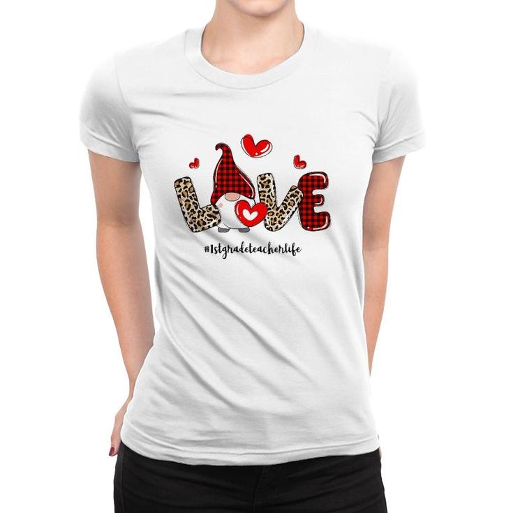 Love 1St Grade Teacher Life Buffalo Plaid Valentines Gnome Women T-shirt