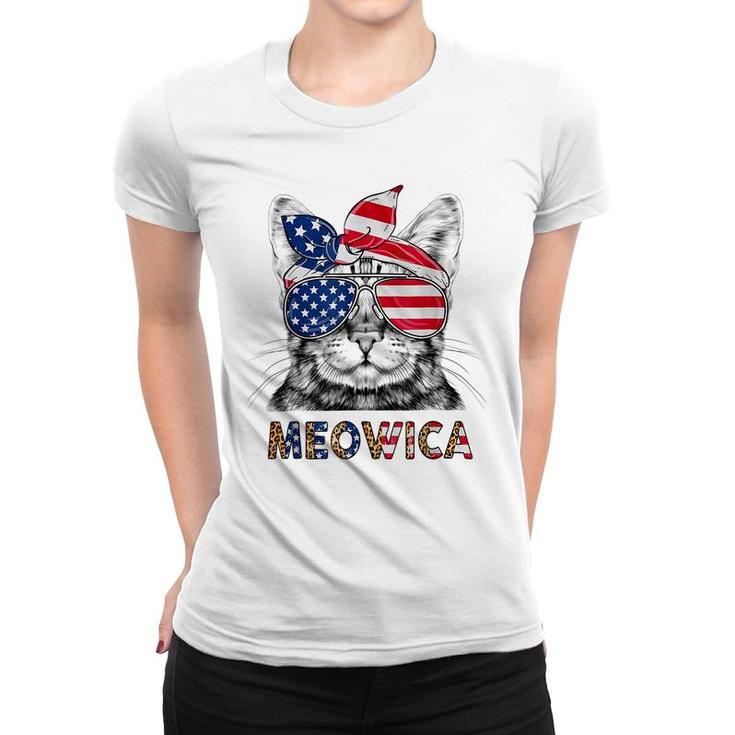 Meowica Cat Leopard Usa Flag Sunglasses Bandana 4Th Of July  Women T-shirt