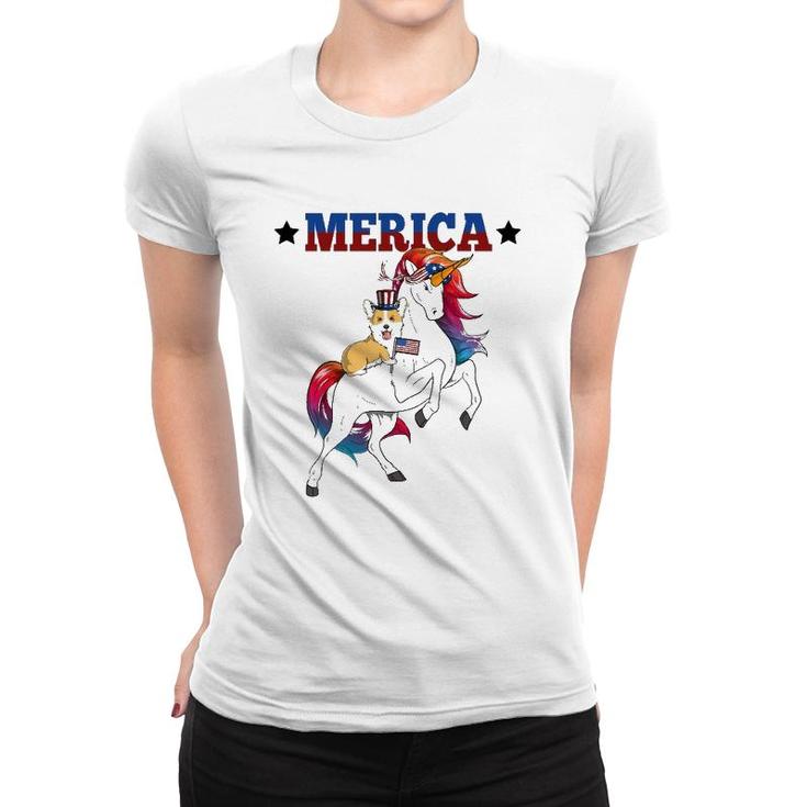 Merica Corgi Dog Unicorn Usa American Flag 4Th Of July Gift Women T-shirt