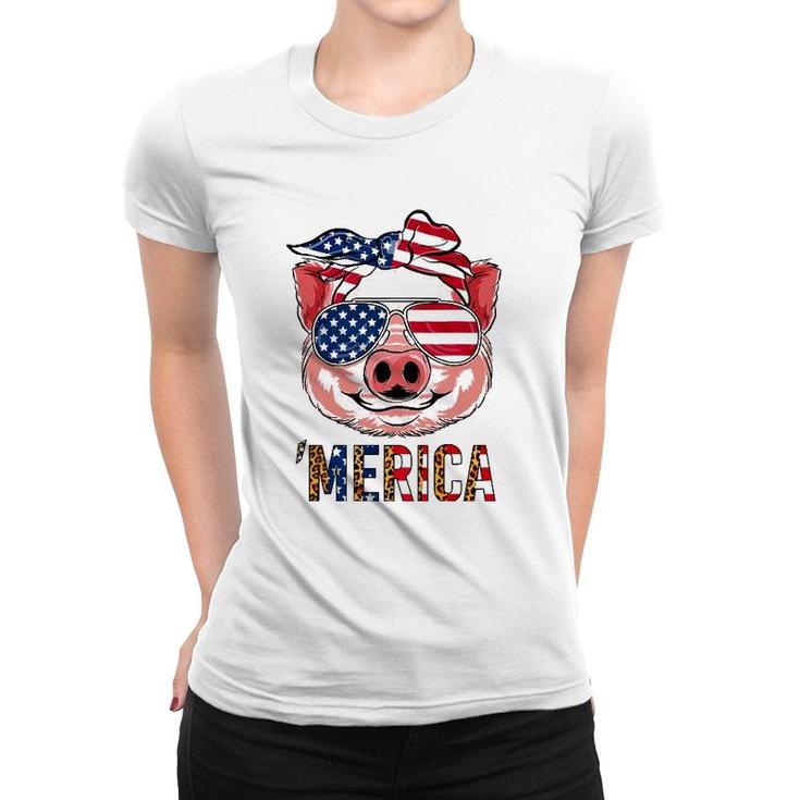 Pig Merica 4Th Of July American Flag Leopard Funny Girls Kid Women T-shirt