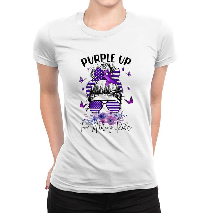 Purple Up For Military Kids Child Month Messy Bun Floral  Women T-shirt