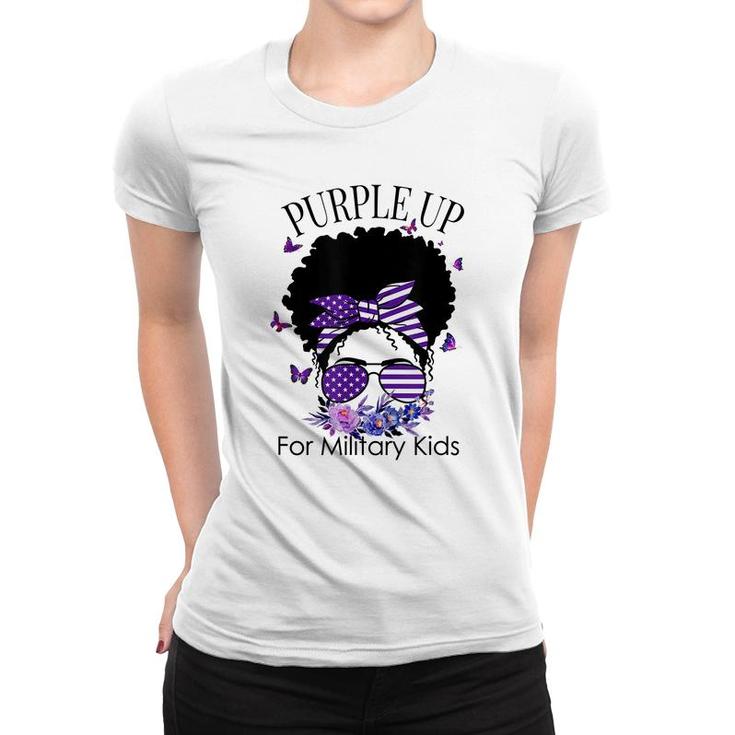 Purple Up For Military Kids Messy Bun Floral Butterfly  Women T-shirt