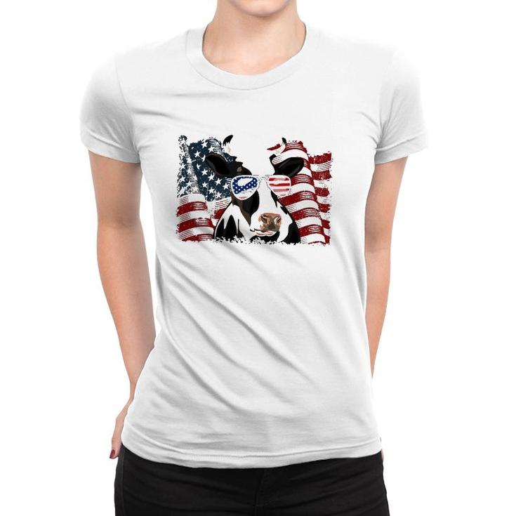 Retro Dairy Cow American Flag 4Th Of July Animals Lover Women T-shirt