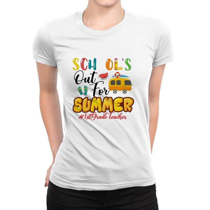 Schools Out For Summer 1St Grade Teacher Beach Vacation Van Car And Flip-Flops Women T-shirt