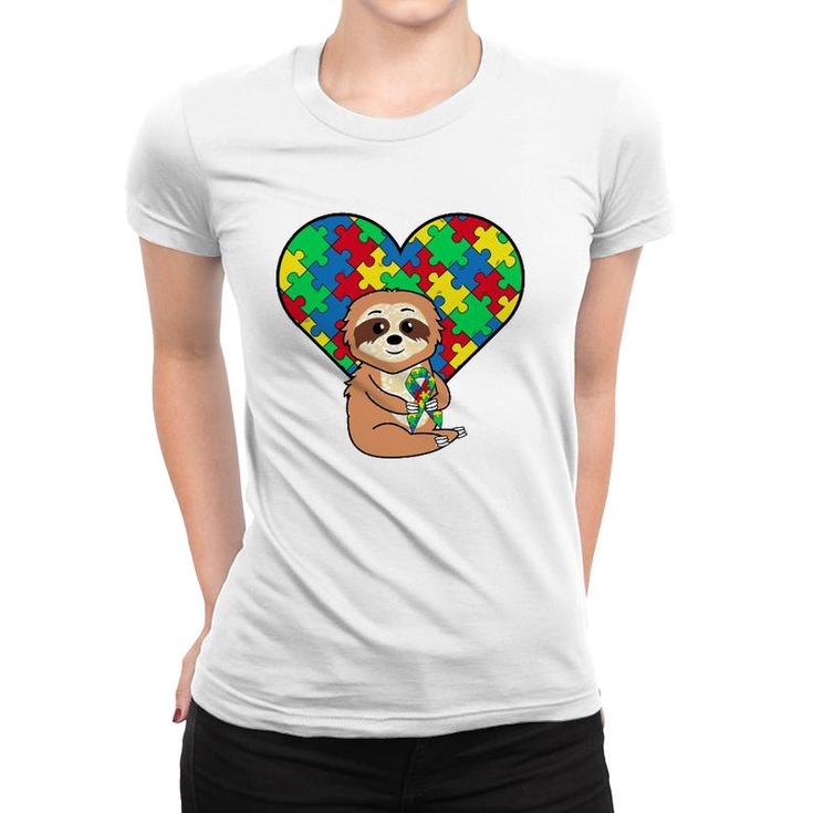 Sloth Heart Puzzle Piece Ribbon Cool Autism Awareness Gift Women T-shirt