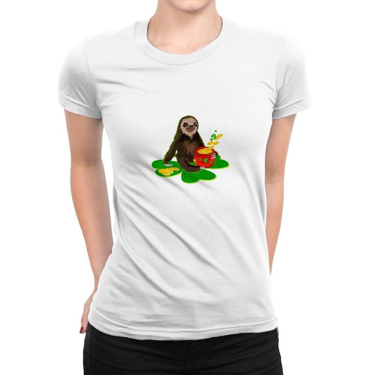 Sloth On Shamrock With St Patrick Day Coin Pot Gift Women T-shirt
