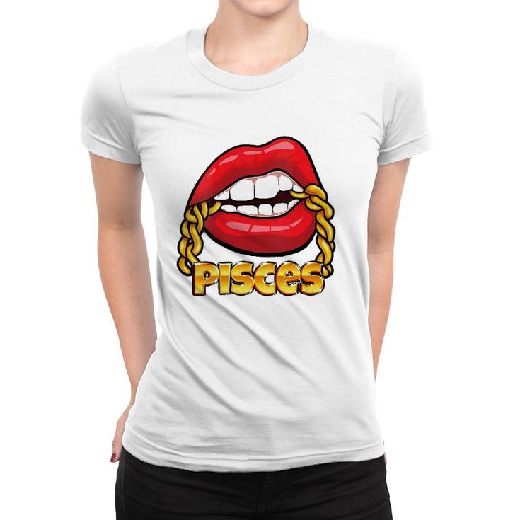 Womens Juicy Lips Gold Chain Pisces Zodiac Sign V-Neck Women T-shirt