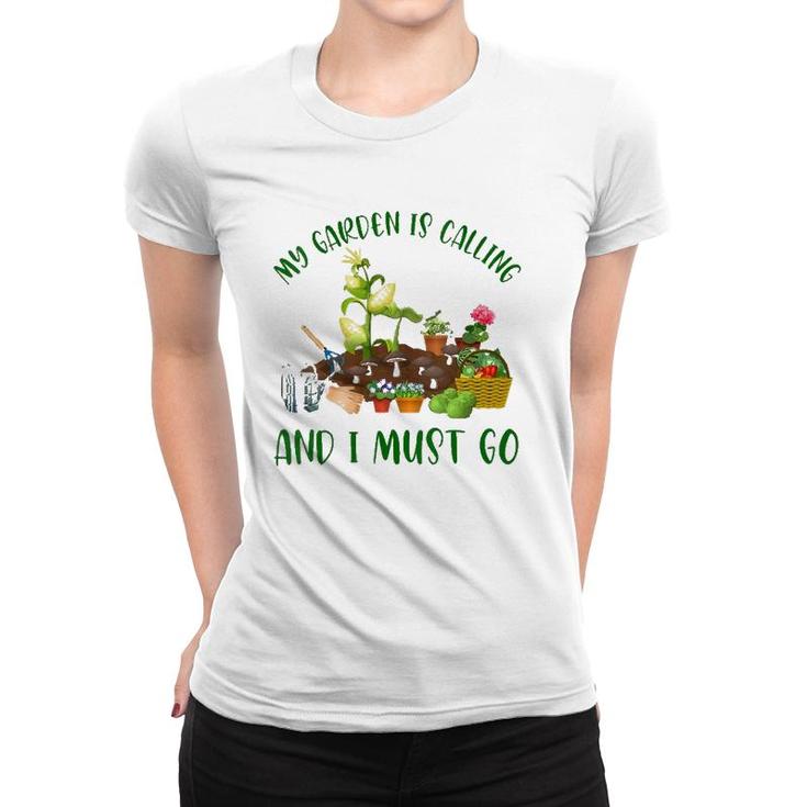 Womens My Garden Is Calling And I Must Go Funny Gardener Gardening V-Neck Women T-shirt