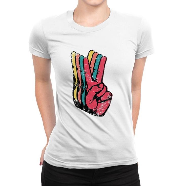 Womens Peace Hand Sign Retro Vintage 70S 80S 90S Pop Culture Gift V-Neck Women T-shirt