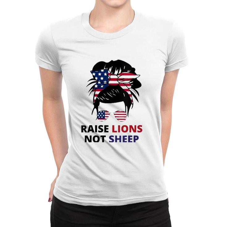 Womens Raise Lions Not Sheep American Flag Sunglasses Messy Bun V-Neck Women T-shirt
