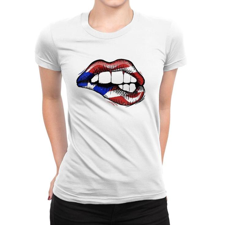 Womens Sexy Biting Lips Puerto Rico Flag V-Neck Women T-shirt