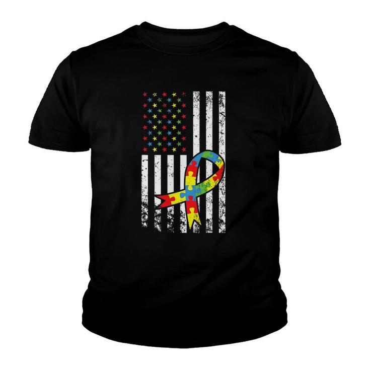 Autism Awareness  American Flag Distressedgift Youth T-shirt