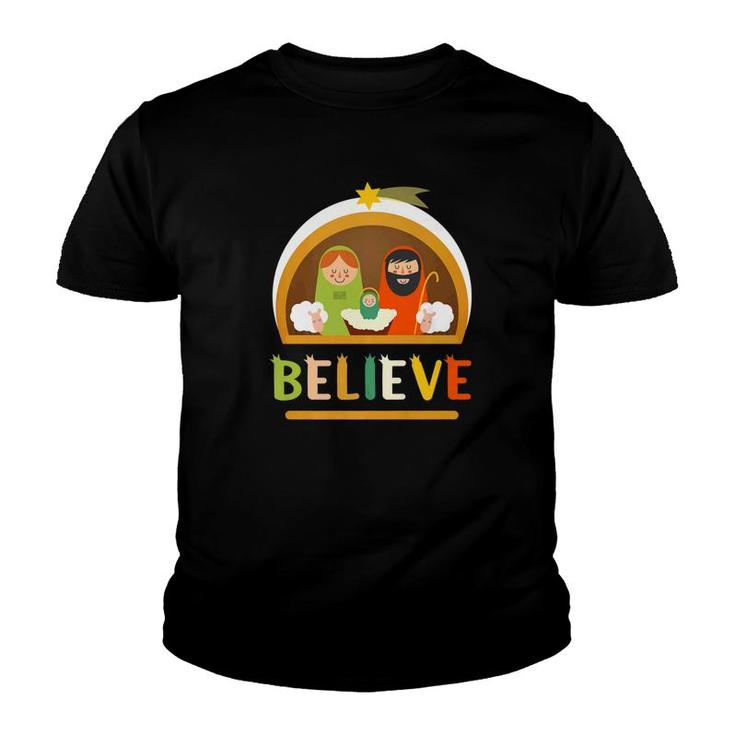 Believe Baby Jesus Christ Nativity Manger Christmas Youth T-shirt