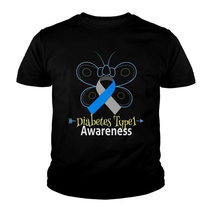 Butterfly Blue Ribbon Diabetes Type 1 Awareness Women Youth T-shirt