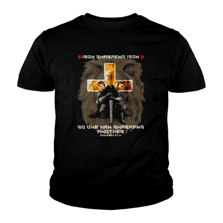 Christian Bible Verse Sayings Lion Cross Iron Sharpens Iron  Youth T-shirt