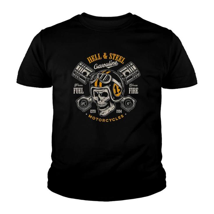 Hell And Steel Biker Skull Motorcycle Mens Youth T-shirt