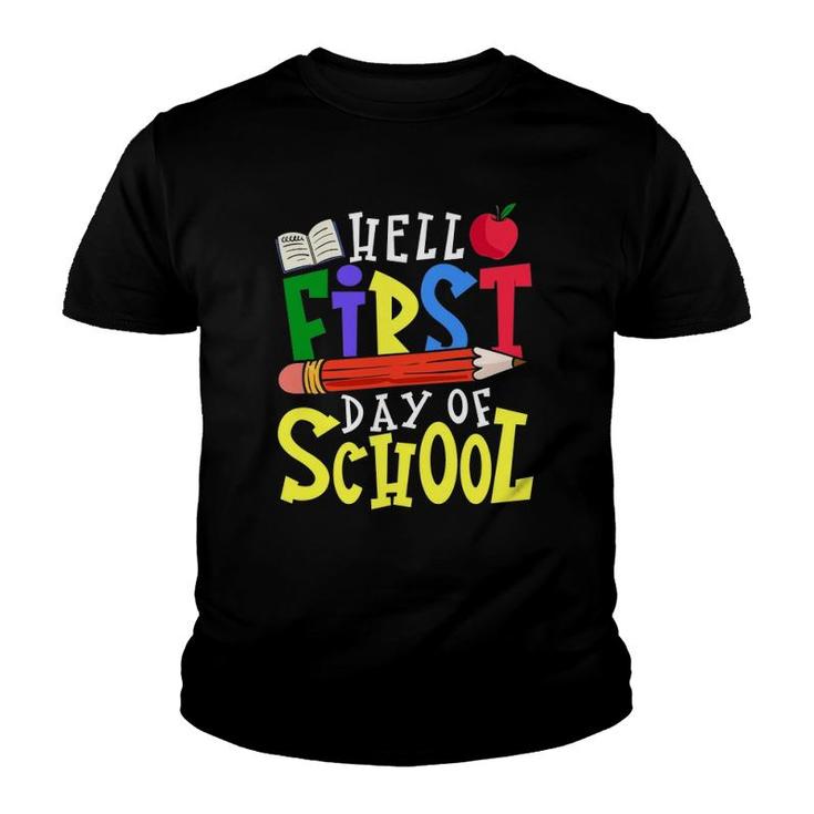 Hello First Day Of School Teacher Student Apple Pencil Book Youth T-shirt