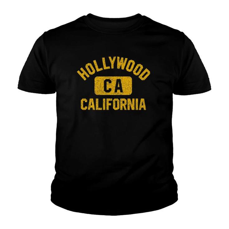Hollywood Ca California Gym Style Distressed Amber Print Youth T-shirt