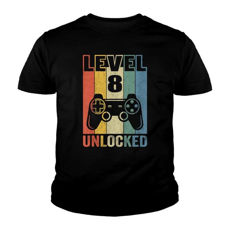 Kids Level 8 Unlocked  Funny Video Gamer 8Th Birthday Gift  Youth T-shirt