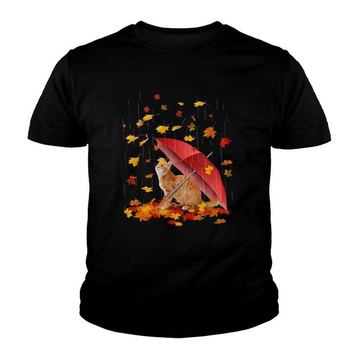 Maple Cat And Umbrella Leaf Fall Hello Autumn Bicycle Gift Youth T-shirt