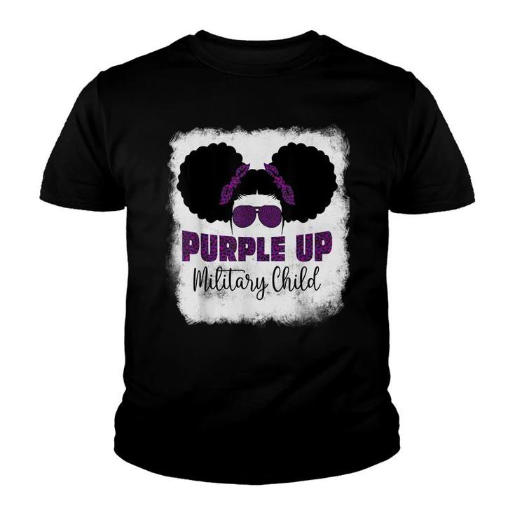 Purple Up For Kids Military Child Month Messy Bun Bleached  Youth T-shirt