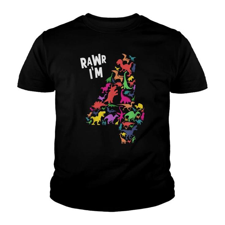 Rawr Im 4 Cute Dinosaur Birthday Kids Dinosaur 4Th Birthday  Youth T-shirt