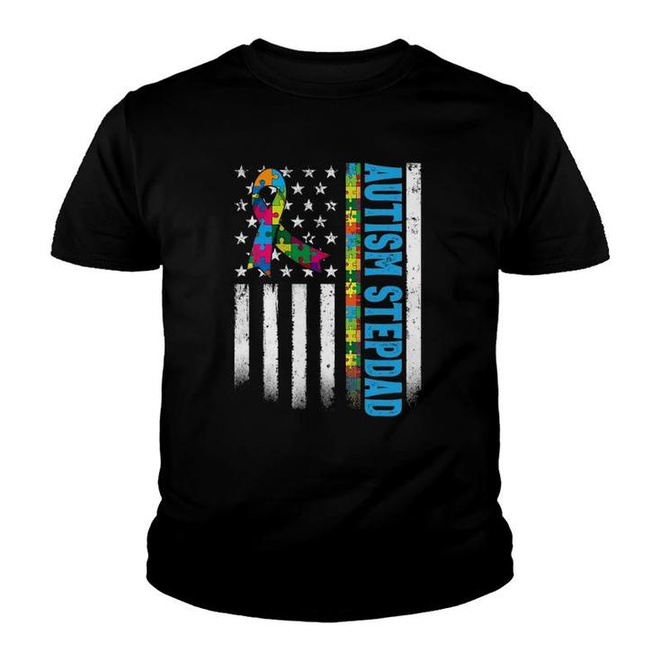 Retro American Flag Autism Stepdad Awareness Autistic Youth T-shirt