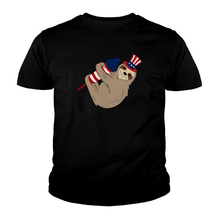 Rocket Firecracker Sloth American Flag 4Th July Youth T-shirt