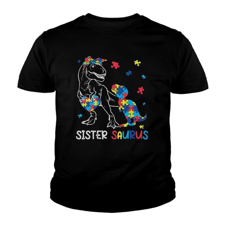 Sister Saurus Autism Awareness Autistic Dinosaur Family Youth T-shirt
