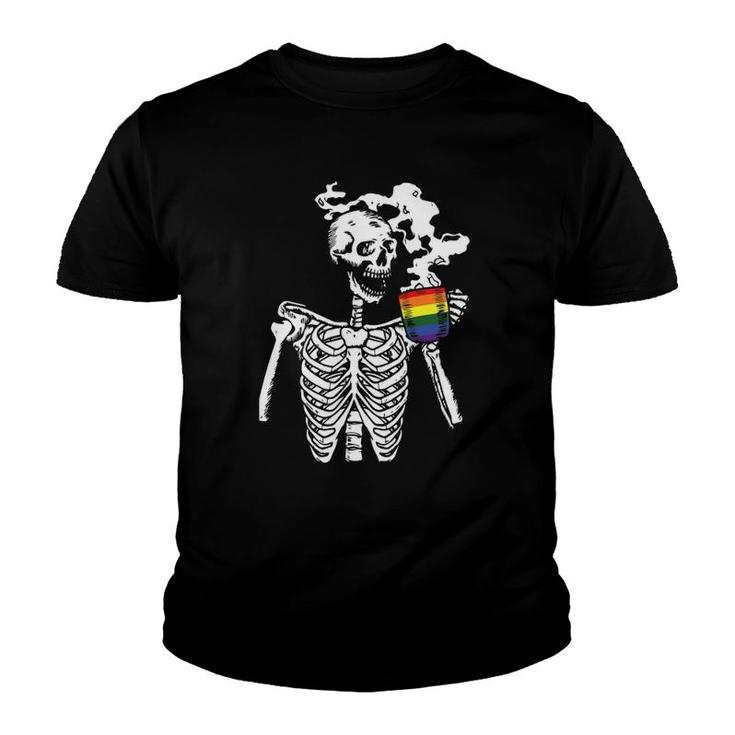 Skeleton Drinking Coffee Gay Pride Funny Skull Lgbt Q Ally Youth T-shirt