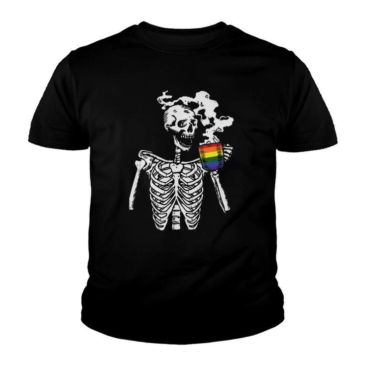 Skeleton Drinking Coffee Gay Pride Funny Skull Lgbt-Q Ally  Youth T-shirt