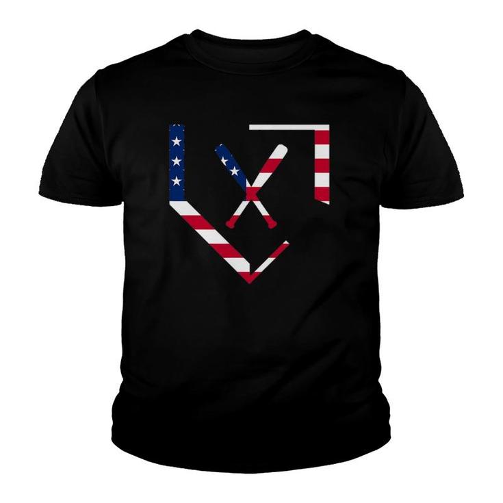 Stars And Stripes Home Plate Baseball Bats American Flag Usa Youth T-shirt