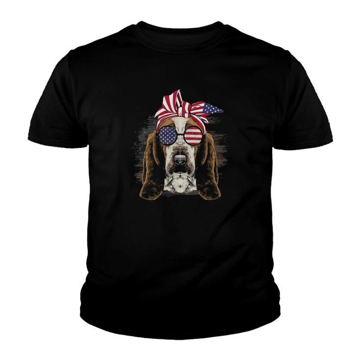 Usa American Flag Basset Hound Dog Sunglasses 4Th July Youth T-shirt