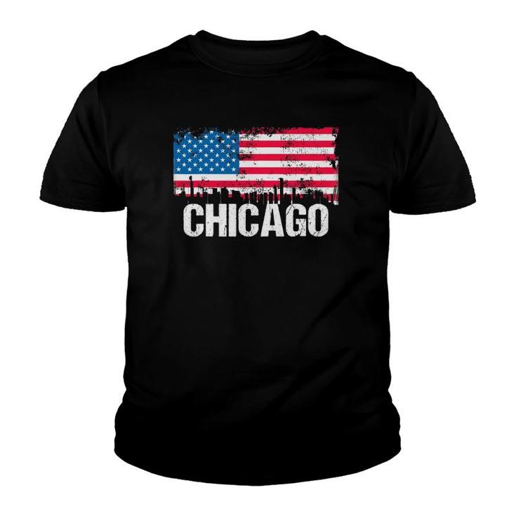 Vintage Us Flag American City Skyline Chicago Illinois Youth T-shirt