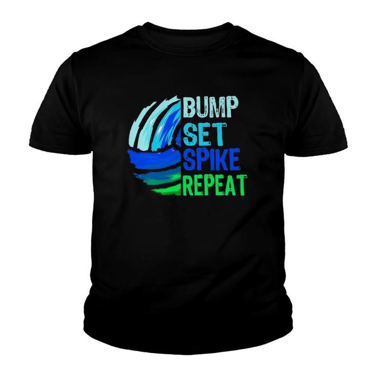 Volleyball Bump Set Spike Repeat Blue Green For Teenagers Youth T-shirt