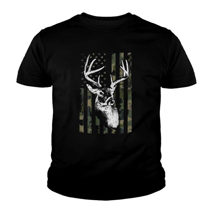 Whitetail Buck Deer Hunting Usa Camouflage Flag - On Back Youth T-shirt