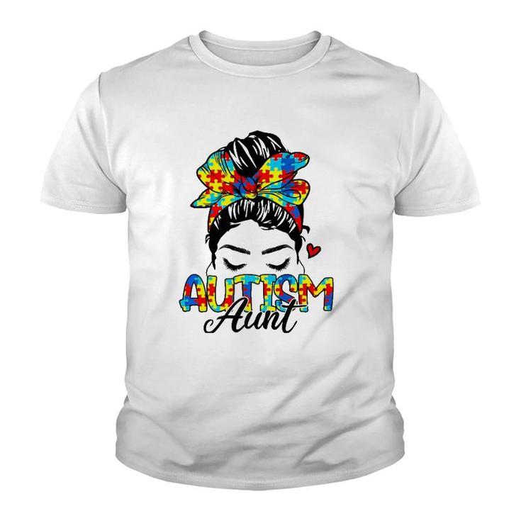 Autism Awareness Aunt Messy Bun Autism Puzzle Bandana Women Youth T-shirt