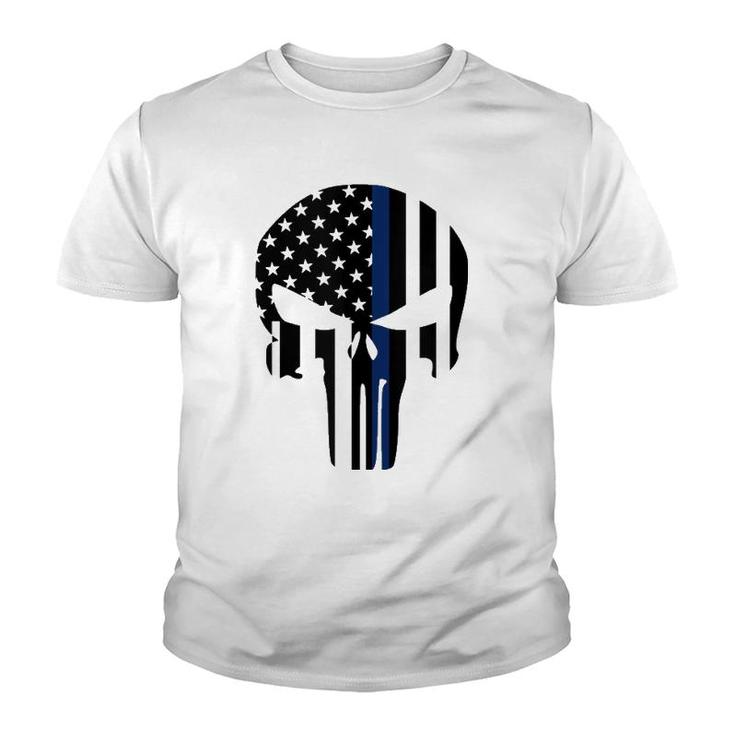 Blue Line American Skull Flag Support Police  Youth T-shirt