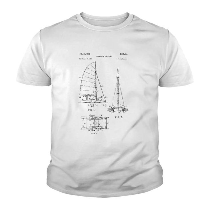 Catamaran Sailboat Blueprint - Old Sailing Boat Ocean Youth T-shirt