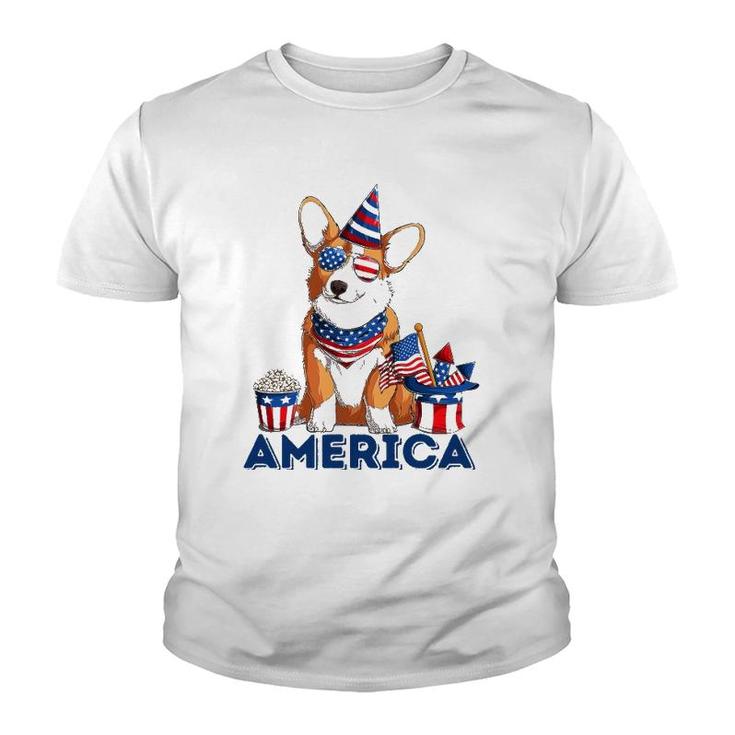 Corgi Dog American Flag Sunglasses Patriotic 4Th July Merica Youth T-shirt