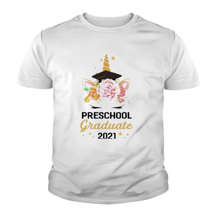 Cute Happy Preschool Graduate 2021 Floral Unicorn Graduation Youth T-shirt