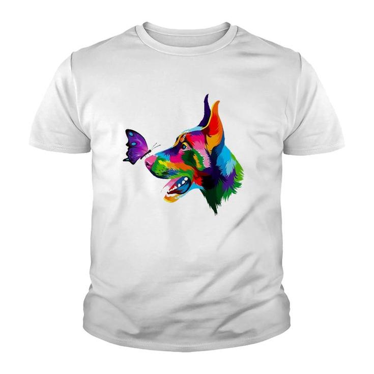 Doberman Dog Colored Dobie Colorful Butterflies Doberman Youth T-shirt