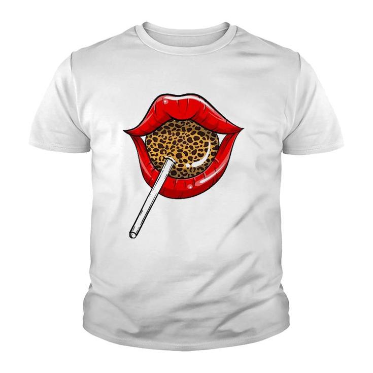 Funny Red Lip Leopard Print Gift Cheetah Lolly Men Women Youth T-shirt