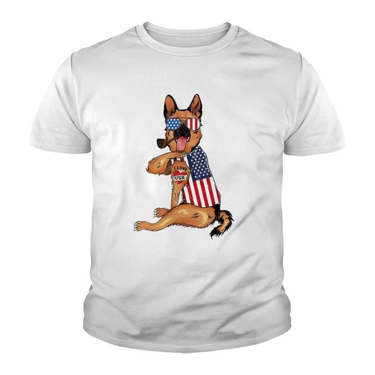 German Shepherd Dog Merica 4Th Of July Usa American Flag Men Youth T-shirt