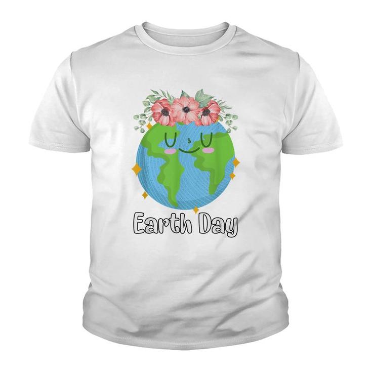 Happy Earth Day Cute Earth Smiles With Floral Earth Day 2022  Youth T-shirt