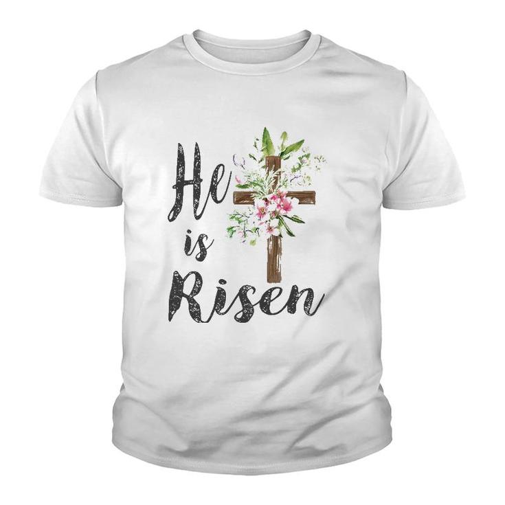 He Is Risen Floral Cross Vintage Happy Easter 2022 Gift Youth T-shirt