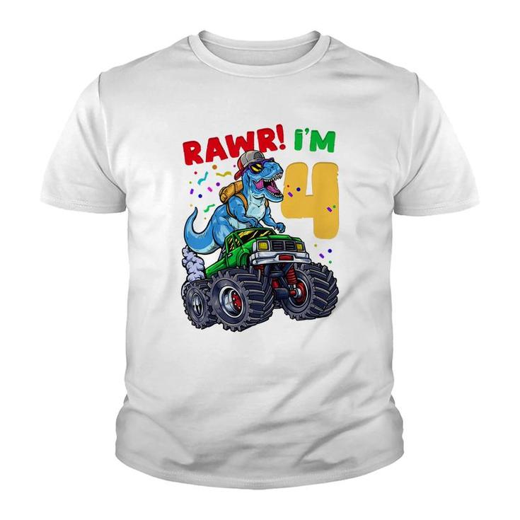 Kids 4Th Birthday Monster Truck Dinosaur T-Rex Four  Youth T-shirt