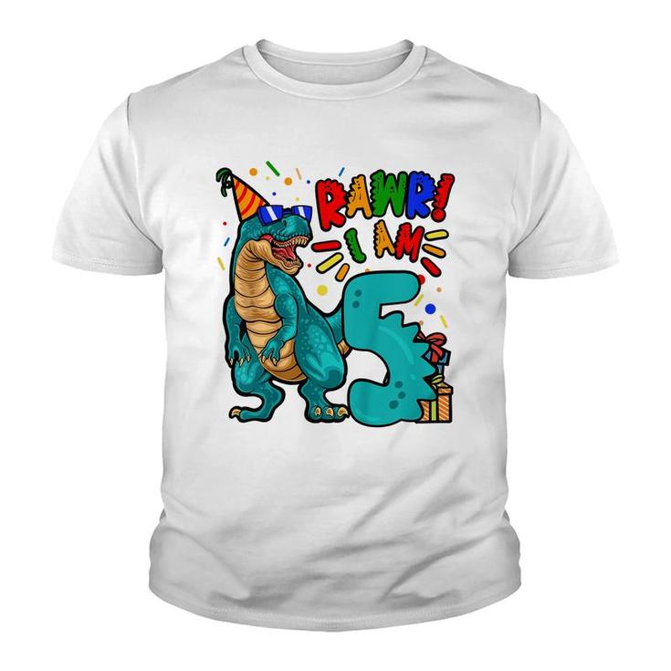 Kids 5Th Birthday Boy Dinosaur Rawr I Am 5 Years Old  Youth T-shirt