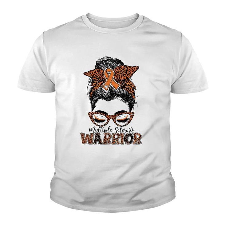 Multiple Sclerosis Ms Warrior Messy Bun Leopard Youth T-shirt