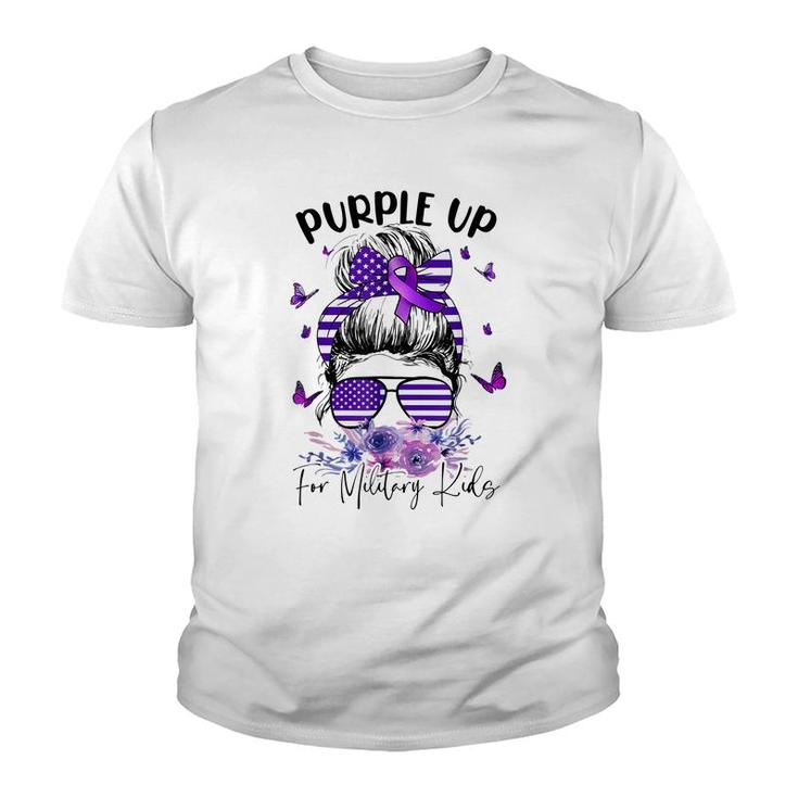 Purple Up For Military Kids Child Month Messy Bun Floral  Youth T-shirt
